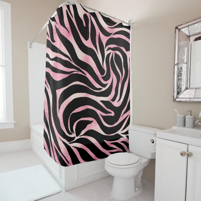 Elegant Rose Gold Glitter Zebra Black Animal Print Shower Curtain (In Situ)