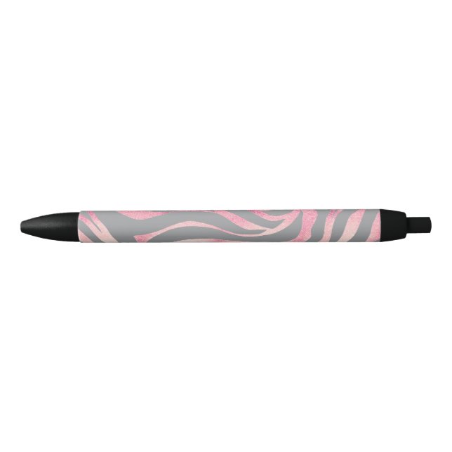 Elegant Rose Gold Glitter Zebra Grey Animal Print Black Ink Pen (Front)