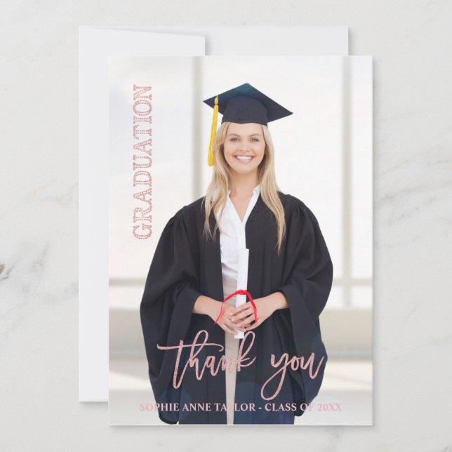 Elegant Rose Gold Graduation Thank You Photo (Front)