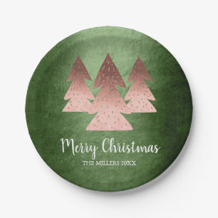 Elegant rose gold & green Merry Christmas tree Paper Plate