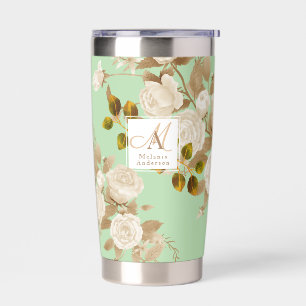 Elegant Rose Gold Green Monogram Insulated Tumbler