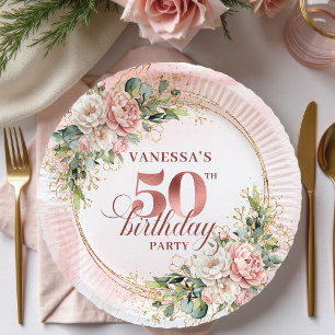 Elegant Rose Gold Greenery 50th Birthday Paper  Plate