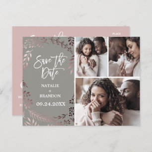 Elegant Rose Gold   Grey 3 Photo Save the Date Announcement Postcard