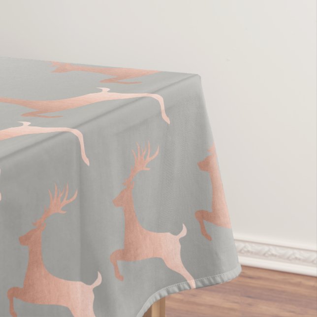 Elegant Rose Gold Grey Christmas Reindeer Pattern Tablecloth (In Situ)