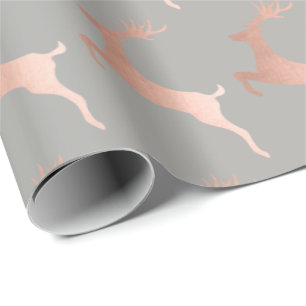 Elegant Rose Gold Grey Christmas Reindeer Pattern Wrapping Paper