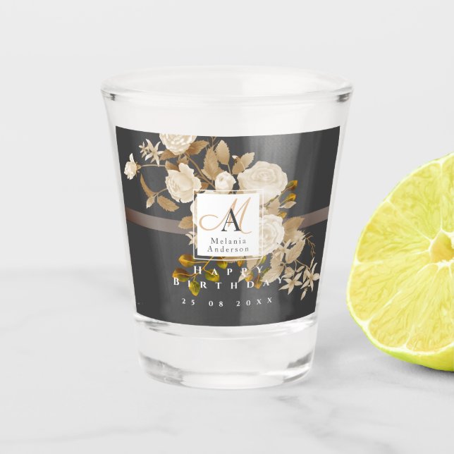 Elegant Rose Gold Grey Monogram Shot Glass (Front)