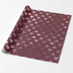 Elegant Rose Gold Heart Pattern on Deep Burgundy Wrapping Paper