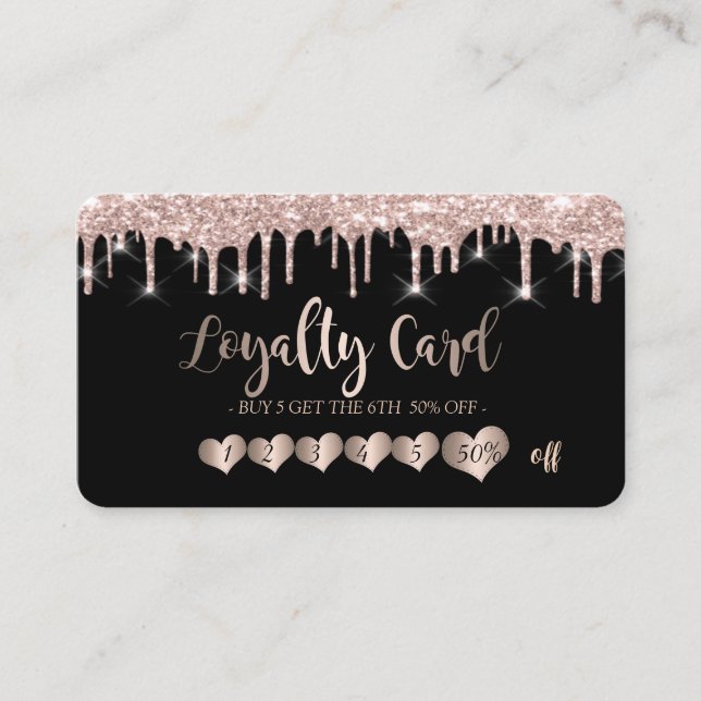 Elegant Rose Gold Hearts Glitter Drips Loyalty Card (Front)