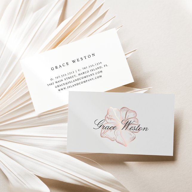 Elegant Rose Gold Hibiscus Flower Script Business Card (Creator Uploaded)