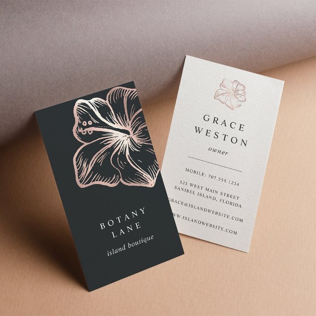 Elegant Rose Gold Hibiscus Flower Vertical Business Card (Creator Uploaded)