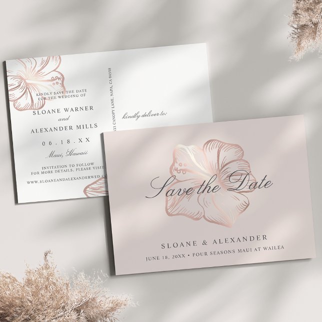 Elegant Rose Gold Hibiscus Wedding Save the Date Announcement Postcard (Creator Uploaded)