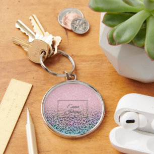 Elegant Rose Gold Iridescent Glitter Leopard Print Key Ring