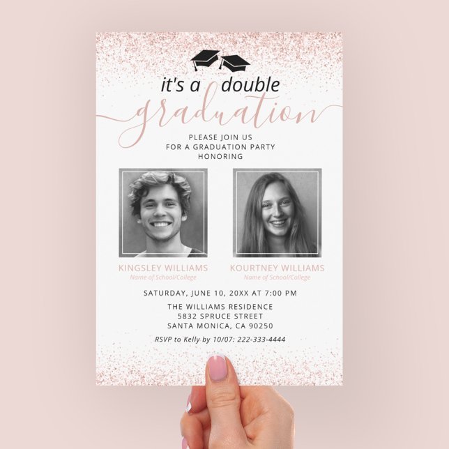 Elegant Rose Gold Joint Graduation Photo Invitation (Creator Uploaded)