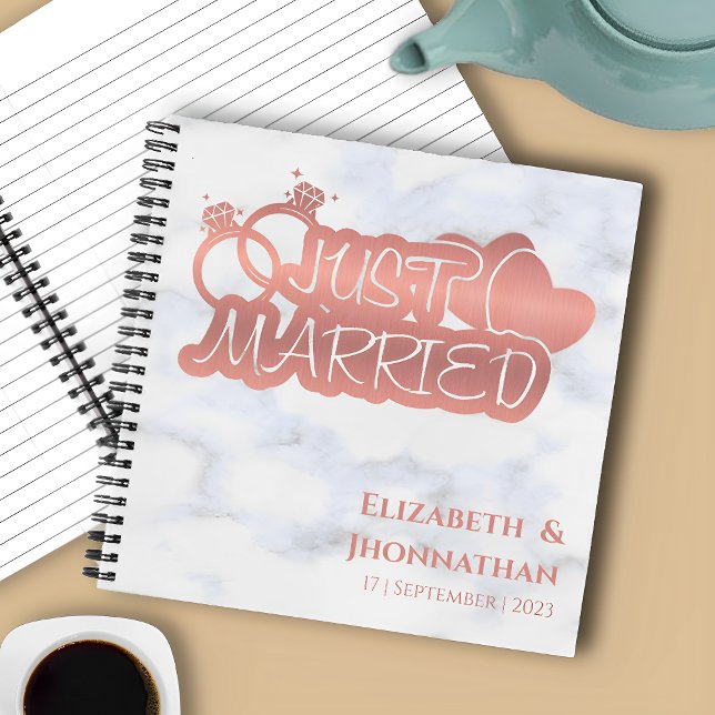 Elegant Rose Gold Just Married Wedding Marble Notebook (Creator Uploaded)