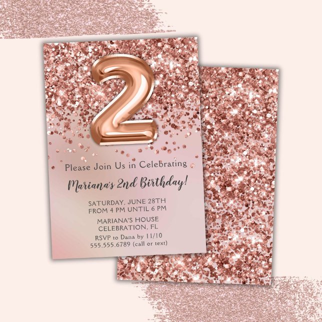 Elegant Rose Gold Kids Girl 2nd Birthday Party Inv Invitation (Creator Uploaded)