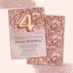 Elegant Rose Gold Kids Girl 4th Birthday Party Inv Invitation