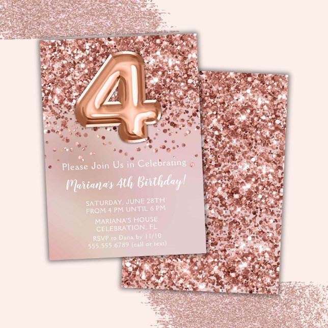 Elegant Rose Gold Kids Girl 4th Birthday Party Invitation (Creator Uploaded)