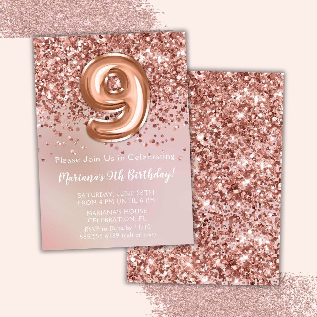 Elegant Rose Gold Kids Girl 9th Birthday Party Invitation (Creator Uploaded)