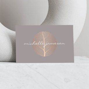 Elegant Rose Gold Leaf Logo on Grey Business Card