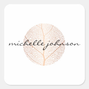 Elegant Rose Gold Leaf Logo on White Square Sticker