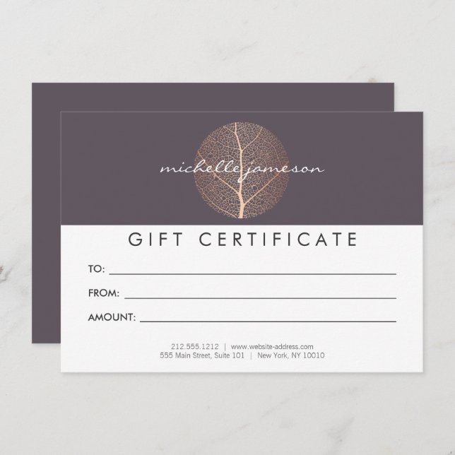 Elegant Rose Gold Leaf Purple Gift Certificate (Front/Back)