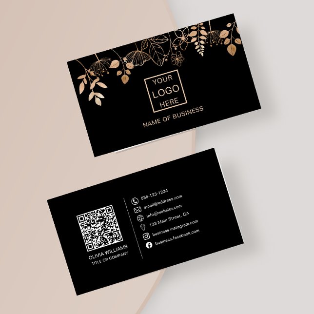 Elegant Rose Gold Leaf QR Code Social Media Icons Business Card (Creator Uploaded)