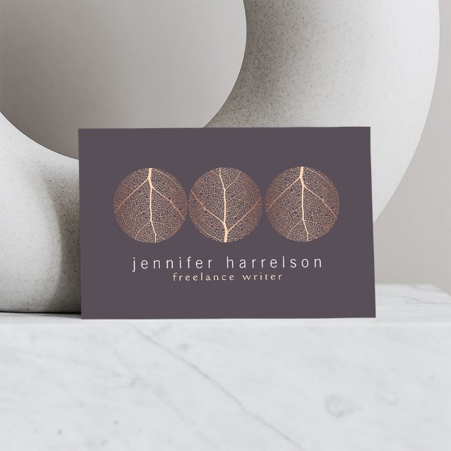 Elegant Rose Gold Leaf Trio Logo on Dark Business Card (Creator Uploaded)