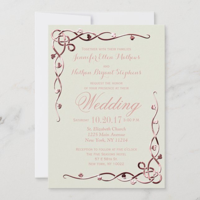 Elegant Rose Gold Leafy Vines on Eggshell Invitation (Front)