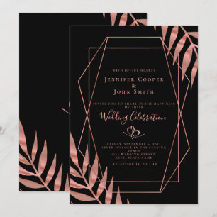 Elegant Rose Gold Leaves Black Wedding Invitation