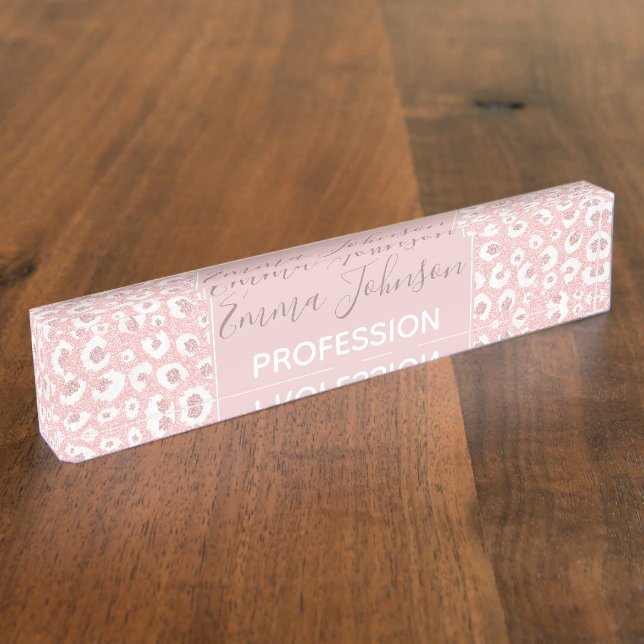 Elegant Rose Gold Leopard Print White Pattern Nameplate (Side)