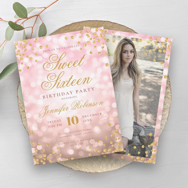 Elegant Rose Gold Lights & Gold Photo Sweet 16   Invitation (Elegant Rose Gold Lights & Gold Photo Sweet 16 Invitation)