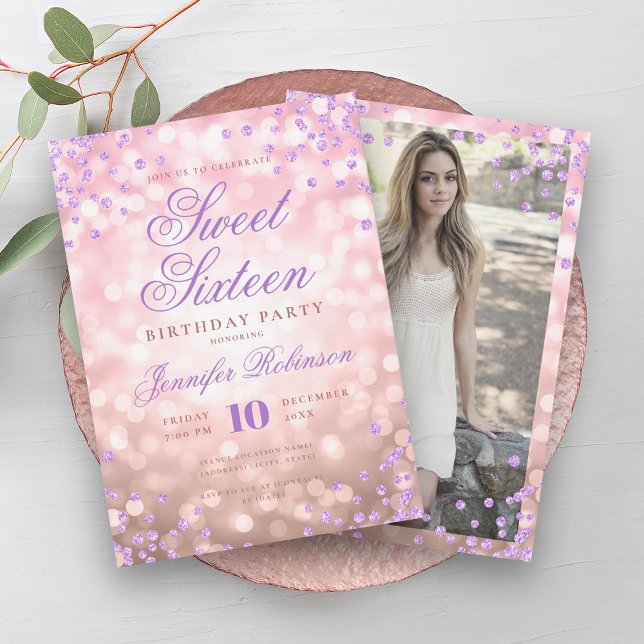 Elegant Rose Gold Lights Purple Photo Sweet 16   Invitation (Elegant Rose Gold Lights Purple Photo Sweet 16 Invitation)