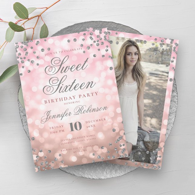 Elegant Rose Gold Lights Silver Photo Sweet 16   Invitation (Elegant Rose Gold Lights Silver Photo Sweet 16 Invitation)