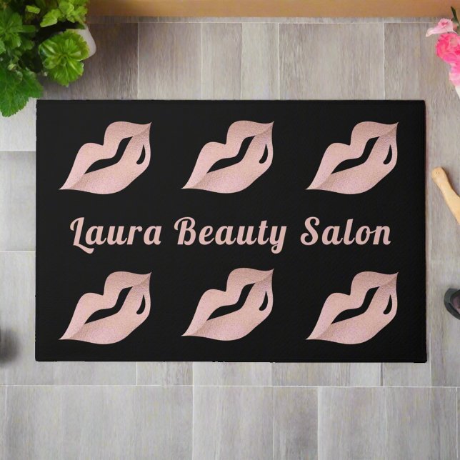 Elegant Rose Gold Lips & Black Salon Welcome Doormat (Creator Uploaded)