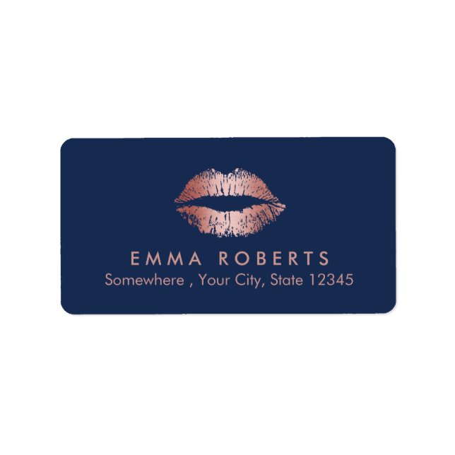 Elegant Rose Gold Lips Modern Navy Blue Label (Front)
