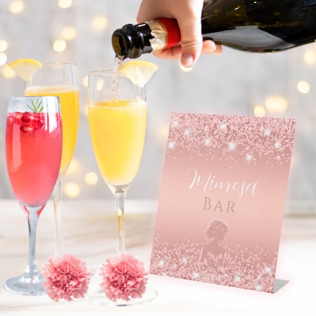 Elegant Rose Gold Luxe Shimmer Bridal Shower  Pedestal Sign (Toast the bride in style with this elegant rose gold shimmer mimosa bar sign for your bridal shower.)