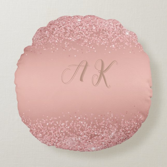 Elegant Rose Gold Luxe Shimmer Monogram  Round Cushion (Front)