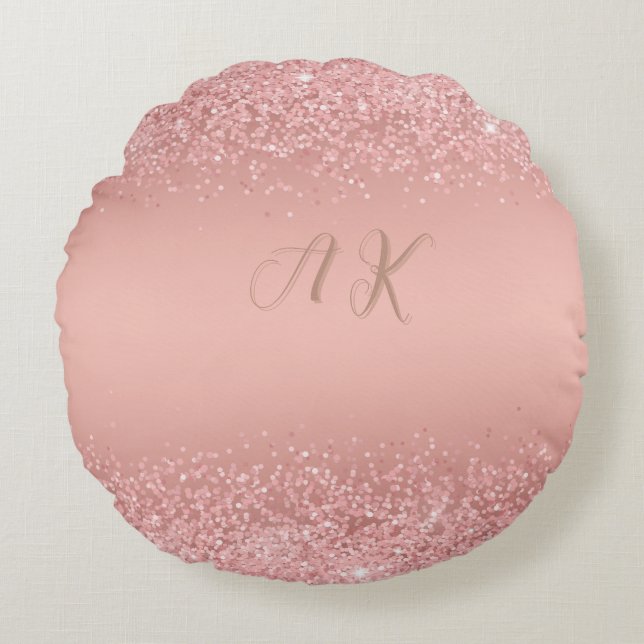 Elegant Rose Gold Luxe Shimmer Monogram  Round Cushion (Front)