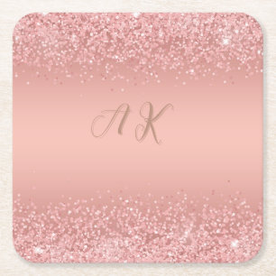 Elegant Rose Gold Luxe Shimmer Monogram Square Paper Coaster