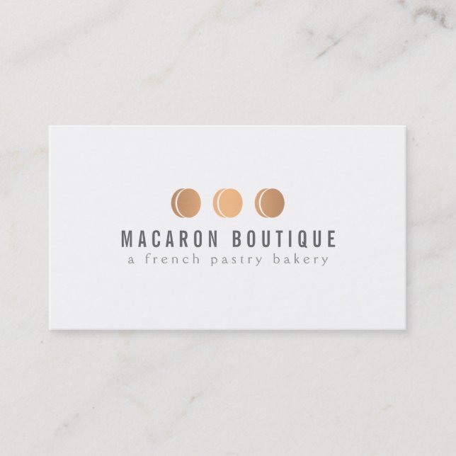 Elegant Rose Gold Macaron Trio Logo on White Business Card (Front)