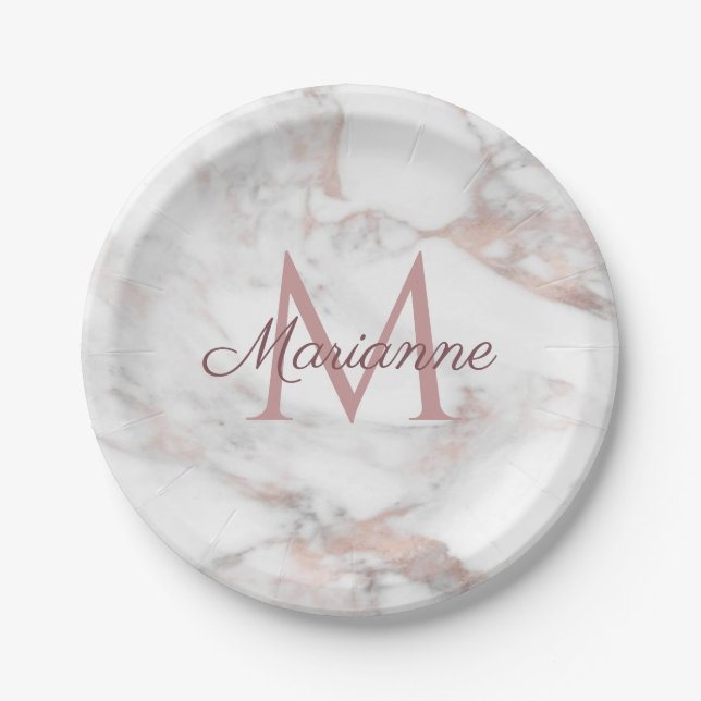 Elegant Rose Gold Marble Design Monogram Template Paper Plate (Front)