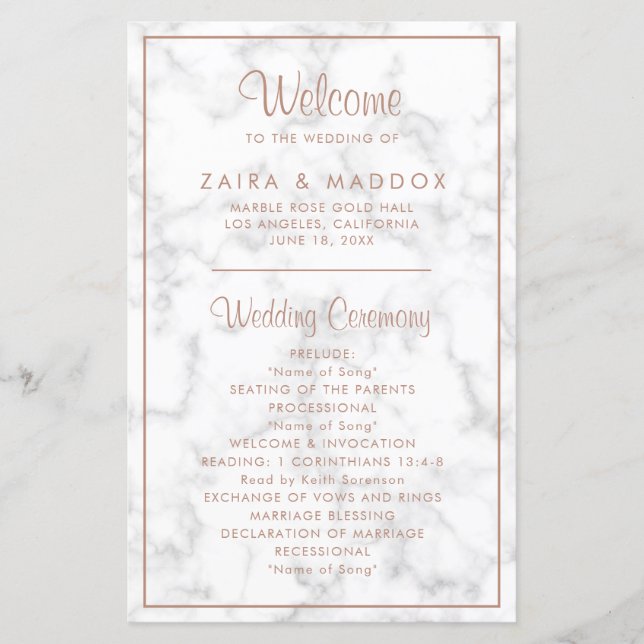 Elegant Rose Gold Marble Modern Wedding Program (Front)