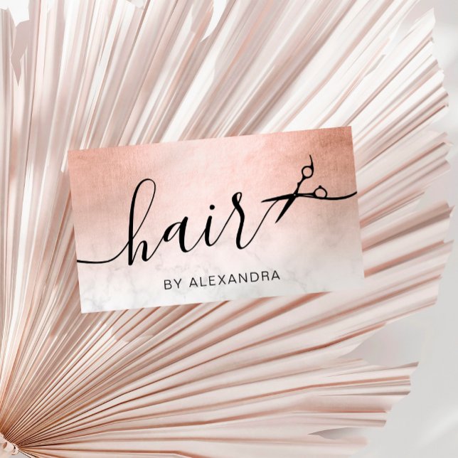Elegant rose gold marble scissors hairstylist business card (Creator Uploaded)