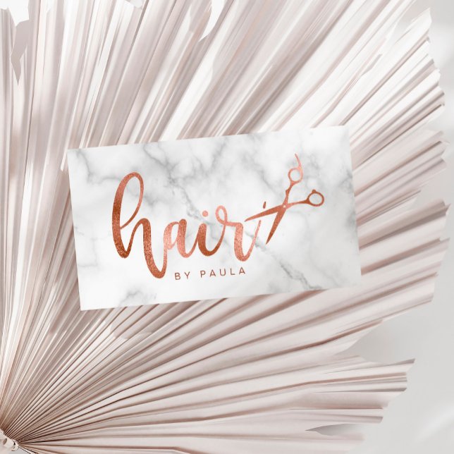 Elegant rose gold marble scissors hairstylist business card (Creator Uploaded)