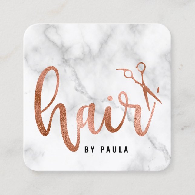 Elegant rose gold marble scissors hairstylist square business card (Front)