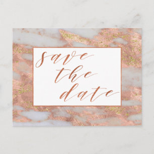Elegant Rose Gold Marble Script Save The Date Announcement Postcard