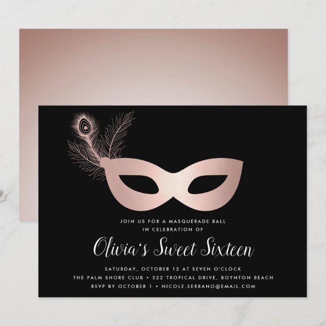 Elegant Rose Gold Masquerade Theme Sweet Sixteen Invitation (Front/Back)
