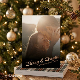 Elegant Rose Gold Merry & Bright Plaid Photo