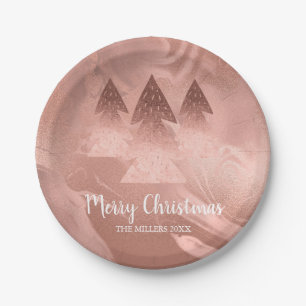Elegant rose gold Merry Christmas tree marble Paper Plate
