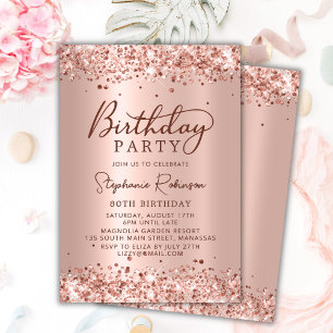Elegant Rose Gold Metal Foil Glitter 80th Birthday Invitation